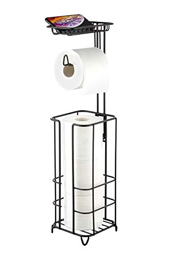 zccz Toilet Paper Holder Stand with Reserve, Free Standing Toilet Roll Stand Toilet Paper Tissue Stand Include Cell Phone Shelf, Portable Toilet Paper Dispenser for Bathroom Storage, Matte Black