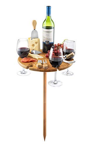 Bamboo Portable Outdoor Wine Table Set - Picnic Cheese Board with Stainless Steel Serving Utensils and Wine Bottle Opener - Great Gift Idea