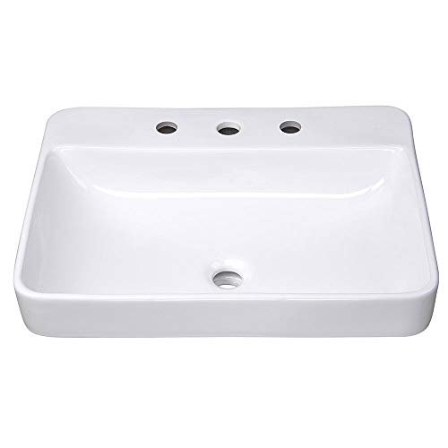 Aquaterior 23' Rectangle Drop in Bathroom Sink White Ceramic Above Counter Semi Recessed Vessel Sink with Pop Up Drain