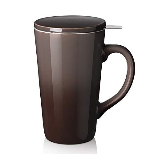 DOWAN Tea Cups with Infuser and Lid, 17 Ounces Large Tea infuser Mug, Tea Strainer Cup with Tea Bag Holder for Loose Tea, Ceramic Tea Steeping Mug, Brown Color Changing