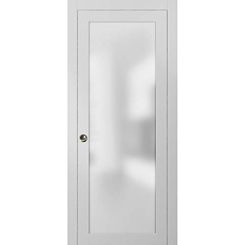 Frosted Glass Pocket Door 32 x 80 inches | Planum 2102 White Silk | Sturdy Heavy Frames Trims Pulls Track Hardware Set | Bedroom Bathroom Solid Wood Interior Slide Closet Panel |