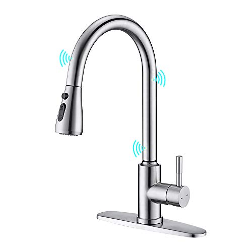 Touchless Kitchen Faucet, ARRISEA Touch-on Activation Kitchen Sink Faucets with Pull Down Sprayer, Brushed Nickel Smart Bar Sink Faucets with Three Water Flow Modes Spray Head F15027