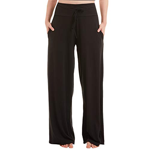 TNNZEET Pajama Pants for Women with Pockets – Printed Buttery Soft Wide Leg Palazzo Lounge Sleep Pants with Drawstring. Black