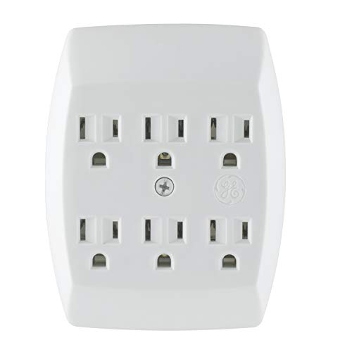 GE 6 Outlet Adapter, 3 Prong Outlets, Grounded, Wall Charger, Charging Station, White, 54947