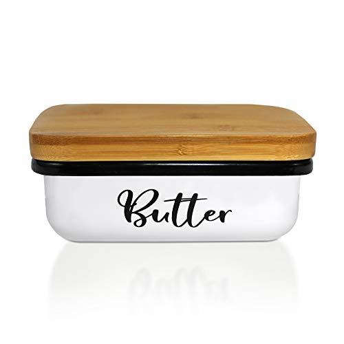 Butter Dish With Lid Unbreakable-Modern Farmhouse Kitchen Decor-Deep Mess Free Large Butter Dish White-Butter Keeper Container-Bamboo Lid-Butter Dishes With Covers-Vintage Butter Dish-Kitchen Gifts