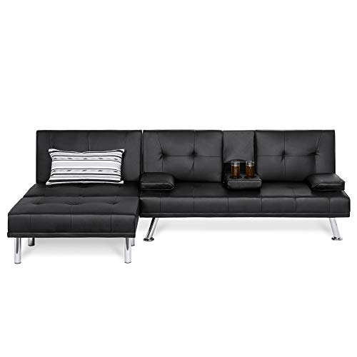 Best Choice Products Faux Leather Upholstery 3-Piece Modular Modern Living Room Sofa Sectional Furniture Set w/Convertible Single & Double Seat Futon Beds, Ottoman, Reclining Backrests - Black