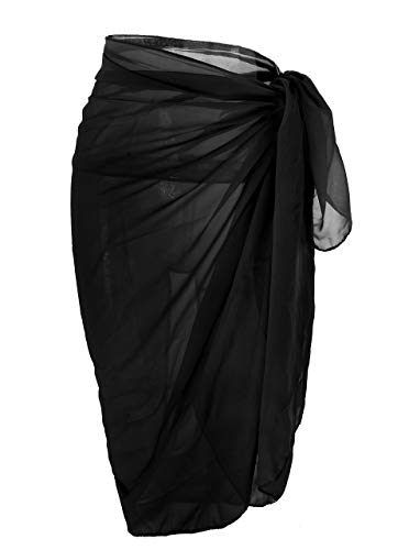 CHIC DIARY Women Chiffon Pareo Beach Wrap Sarong Swimsuit Scarf Cover Up for Vacation (Pure Black)