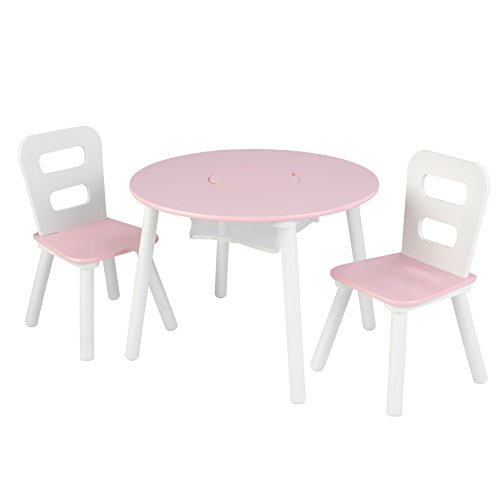 KidKraft 26165 Wooden Round Table & 2 Chair Set with Center Mesh Storage - Pink & White, 26' x 27' x 3.5'