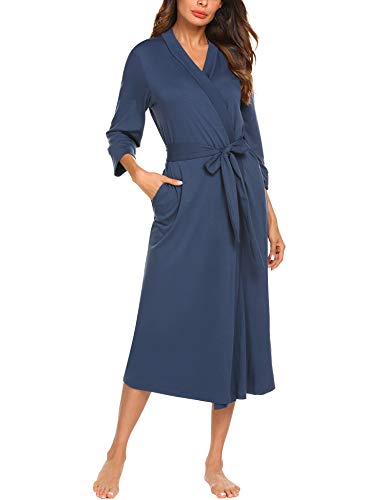 MAXMODA Women Sleep Robe Shawl Collar Wrap 3/4 Sleeve Bathrobe Sleepwear with Belt Cotton Sleepwear(Navy Blue, M)