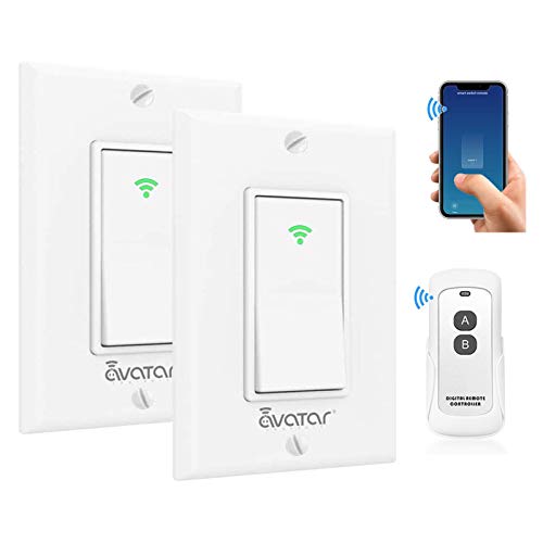 Smart Light Switch with RF Remote Control - WiFi Wall Switches Work with Alexa Google Home/AvatarControls/Smart Life App, No Hub Required, Single Pole, Standard Plate, Neutral Wire Needed, 2 Pack