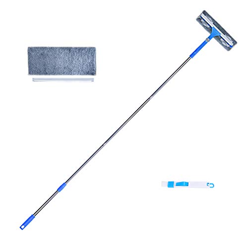 IKU Long Windows Squeegee Cleaning Kit (65 Inches) - Telescopic Pole, Extension Pole, Washer Head, Groove Brush, Spare Microfiber Cloth, Spare Rubber Strip - Window Cleaner Tools for House, Car (Blue)
