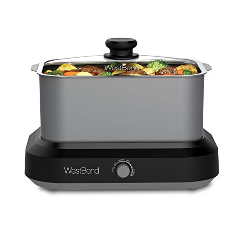 West Bend 87906 Large Capacity Non-Stick Versatility Slow Cooker with 5 Different Temperature Control Settings Dishwasher Safe Includes A Travel Lid & Thermal Carrying Case, 6-Quart, Silver