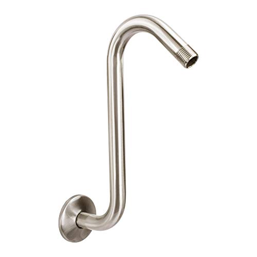 12 Inch Shower Head Extension Arm by JSJacksonSupplies S Shaped Design Extender High Rise Curved Style with Flange Stainless Steel Long Goose Neck Curve Standard 1/2' Connection Brushed Nickel Finish