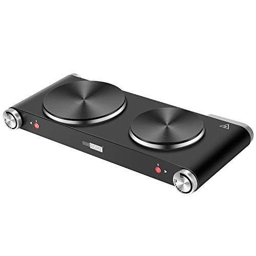 VIVOHOME 1800W Countertop Double Burner Electric Hot Plate, Durable Cast Iron Cooktop with Mitten for Indoor Outdoor, Adjustable Temperature Control from 200℉ to 720℉