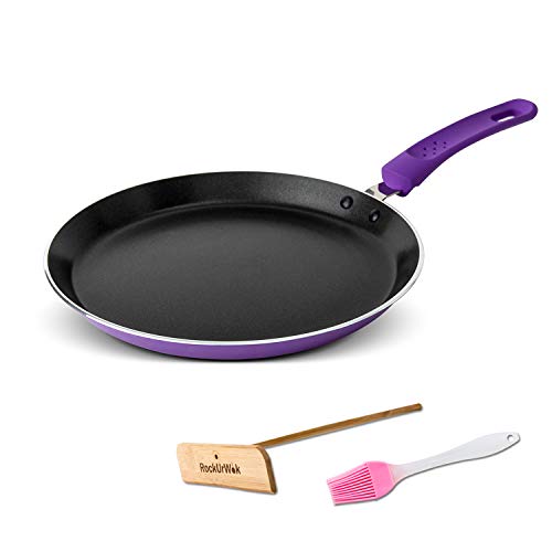 Crepe Pan, ROCKURWOK Nonstick Pancake Pan with Silicone Handle Frying Skillet Griddle for Omelette, Tortillas, Dosa, 9.5-Inch, Purple