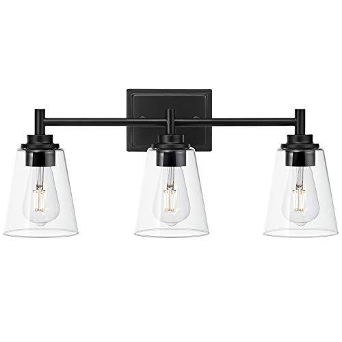 3-Light Bathroom Vanity Light Fixture Matte Black Wall Sconce with 6.25’ Clear Glass Shade