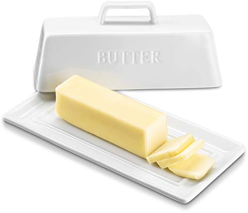KooK Ceramic Butter Dish with Handle Cover Design, 7.5 Inch Wide, White