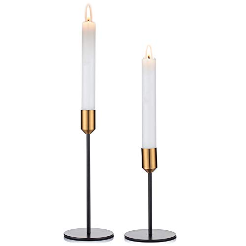 Nuptio Candlestick Holders Taper Candle Holders, 2 Pcs Candle Stick Holders Set, Gold & Black Brass Candlestick Holders Set Table Decorative Modern Candle Holders for Tapered Candles (S + L)