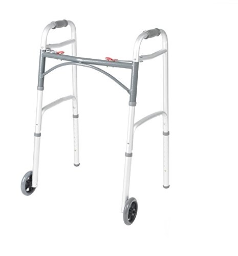 Front Wheeled Walker Folding Deluxe with 2 Button and 5' Wheels, Adjustable Height (Short, Standard, Tall People) by Healthline Trading