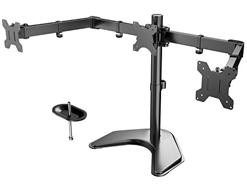 HUANUO Triple Monitor Stand - Free Standing Fully Adjustable Monitor Desk Mount - Tilts, Swivels, Rotates - Fits 3 LCD LED OLED Screens 13-24 Inches in Size, Each Arm Holds up to 22lbs