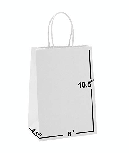 [100 Bags] 8 X 4.5 X 10.5 White Kraft Paper Gift Bags Bulk with Handles. Ideal for Shopping, Packaging, Retail, Party, Craft, Gifts, Wedding, Recycled, Business, Goody and Merchandise Bag