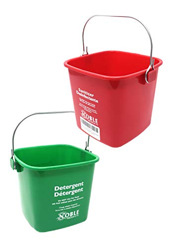 Small Red and Green, Detergent and Sanitizing Bucket - 3 Quart Cleaning Pail - Set of 2 Square Containers