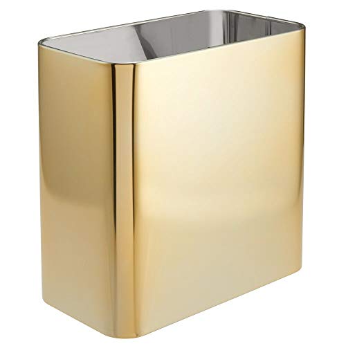 mDesign Rectangular Metal Small Trash Can Wastebasket, Garbage Container Bin - for Bathrooms, Powder Rooms, Kitchens, Home Offices - Solid Stainless Steel - Soft Brass