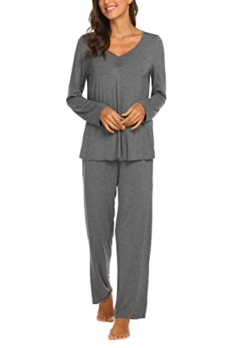 Ekouaer Pj Set Soft Pajamas Long Sleeve Sleepwear for Women Loungewear at Home Grey L