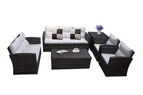 RICHSEAT 6 Piece 7 Seats Outdoor Patio Furniture Conversation Sets PE Rattan Wicker Sectional Sofa Loveseat Chair Seating Group with Cushions and Storage Table