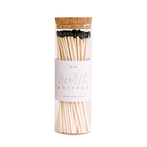 Sweet Water Decor Hearth Matches in Apothecary Glass Bottle | Rustic Jar of 80 Decorative Matchsticks with Strike Pad | Cute Candle Accessory Match Holder with Long Matchsticks for Fireplace (Black)