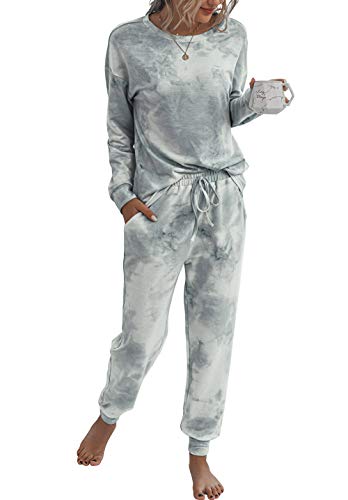 PRETTYGARDEN Women’s Tie Dye Two Piece Pajamas Set Long Sleeve Sweatshirt with Long Pants Sleepwear Loungewear Set with Pockets (Grey, Large)