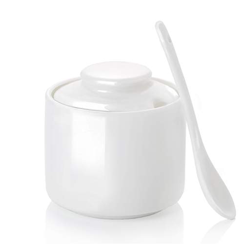 ONTUBE Ceramic Sugar Bowl with Lid and Spoon,Porcelain Seasoning Box Salt Bowl,8oz White