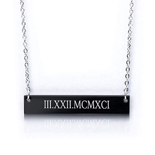 Personalized Stainless Steel Horizontal Bar Necklace Pendant 5 Colors with Chain (Black)