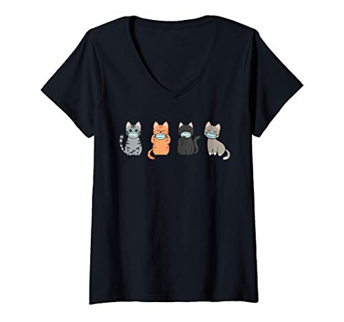 Womens Cat with Face Masks Orange Black Grey Funny Cats Cute Pet V-Neck T-Shirt