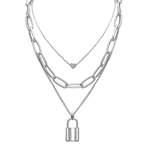 Layered Necklace Lock Key Pendant Punk Long Chain Statement Choker for Women Men (Silver1) (Silver)