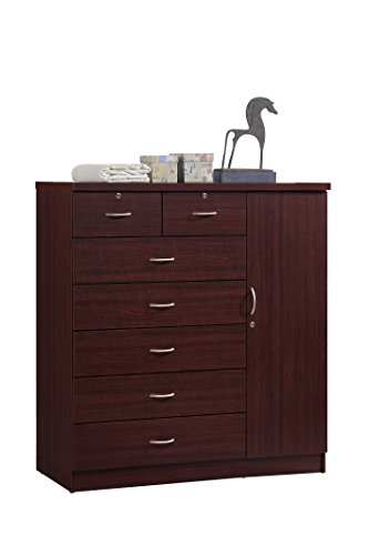 Hodedah 7 Drawer Jumbo Chest, Five Large Drawers, Two Smaller Drawers with Two Lock, Hanging Rod, and Three Shelves, Mahogany