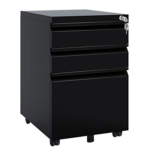 DEVAISE 3 Drawer Mobile File Cabinet with Lock, Under Desk Metal Filing Cabinet for Legal/Letter/A4 File, Fully Assembled Except Wheels, Black