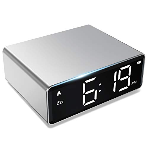 NOKLEAD Digital Alarm Clock - 4 Brightness LED Display with Alarm Snooze 12/24H, Adapter Powered with Backup Batteries, Simple Operations, Small Metal Clock for Bedroom Travel Office (Silver)