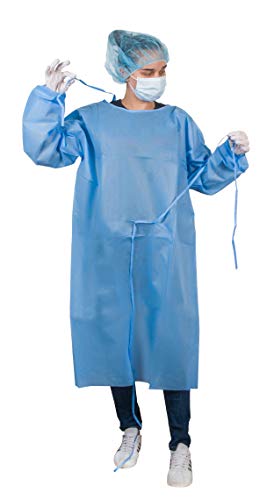 AMZ Industrial Gowns. Pack of 10 Adult Disposable Gowns 45' long. Blue Protective Gowns with Long sleeves, Neck and Waist ties. Non-sterile gowns. Spunbonded Polypropylene.