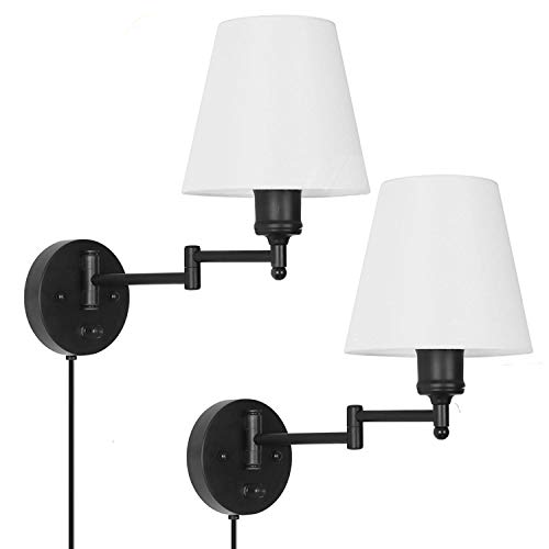 HAITRAL Adjustable Swing Arm Wall Sconces 2 Pack - Bedroom Wall Lamps with White Shade& Black Metal, Plug in& Hardwire Modern Wall Lamps for Bedside, Farmhouse, Kitchen, Bedroom(Bulb is Not Included)