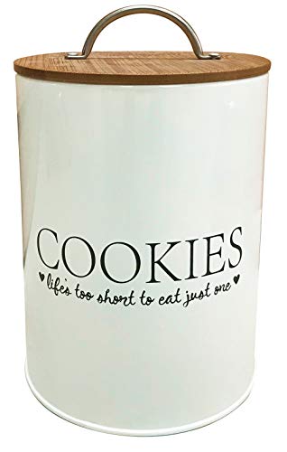 Cookie Storage Jar - airtight metal cookie jar tin. Generous sized (5.5' x 8.75' H) kitchen storage canister including an easy to open bamboo lid with strong metal handle