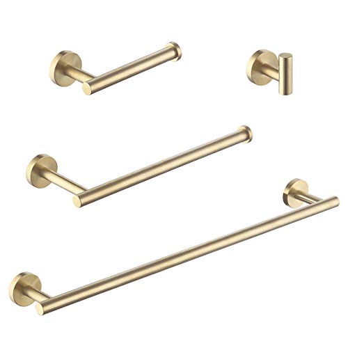 KES Bathroom Accessories Set SUS 304 Stainless Steel 4-Pieces Including Single Towel Bar Toilet Paper Holder Towel Holder Robe Hook No Drill Rustproof Wall Mount Brushed Brass Finish, LA20BZ-42