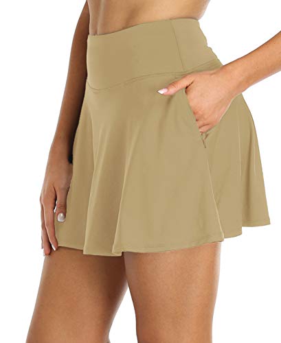 Oalka Women's Pleated Skirt with Pockets High Waist Sports Athletic Running Shorts Golf Tennis Skorts Khaki Medium