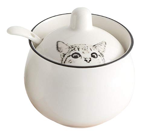 Ceramics Cartoon Cat Sugar Bowl Seasoning Salt Storage with Lid Spoon