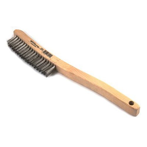 Forney 70521 Wire Scratch Brush, Stainless Steel with Curved Wood Handle, 13-3/4-Inch-by-.013-Inch