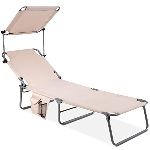 GYMAX Folding Chaise Longue, Adjustable Beach Chair with Canopy Sun Shade & Side Pockets, Heavy Duty Sunbathing Recliner Cot for Outdoor Patio Yard Poolside (Beige)