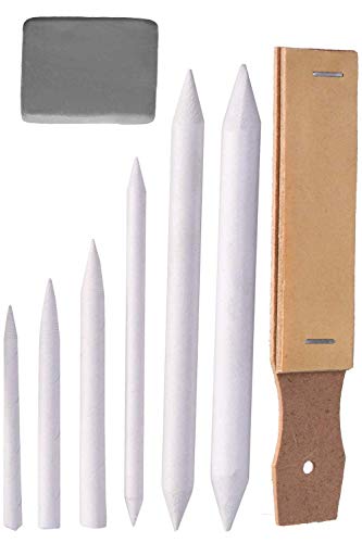 Paper Blending Stumps and Tortillions Sandpaper Pencil Sharpener Pointer Art Blenders with Kneaded Eraser for Student Sketch Drawing Tools (White)