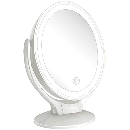 Aesfee LED Lighted Makeup Vanity Mirror Rechargeable,1x/7x Magnification Double Sided 360 Degree Swivel Magnifying Mirror with Dimmable Touch Screen, Portable Tabletop Illuminated Mirrors - White