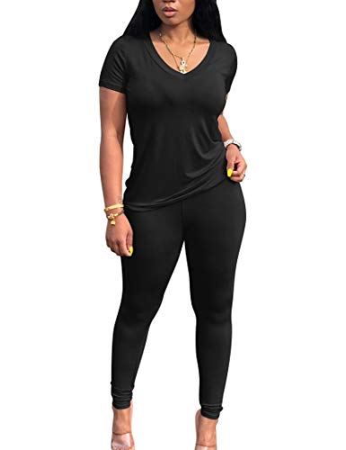 BORIFLORS Women's Causal 2 Piece Outfits Jumpsuits V Neck Basic Tops T Shirt with Sexy Pants Set,Large,Black