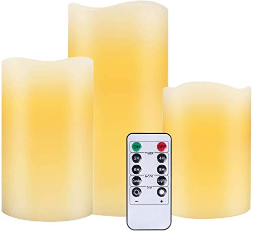 Nancia Flameless Candles Battery Operated Candles 4' 5' 6' Set of 3 Ivory Real Wax Pillar LED Candles with 10-Key Remote and Cycling 24 Hours Timer